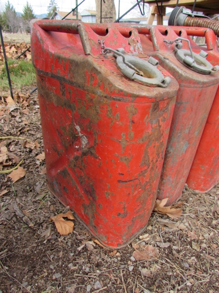 3 JEEP CANS, NOZZLE & PLASTIC GAS CAN