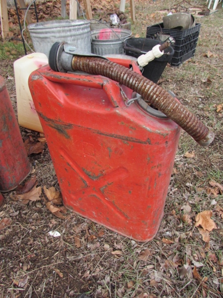 3 JEEP CANS, NOZZLE & PLASTIC GAS CAN