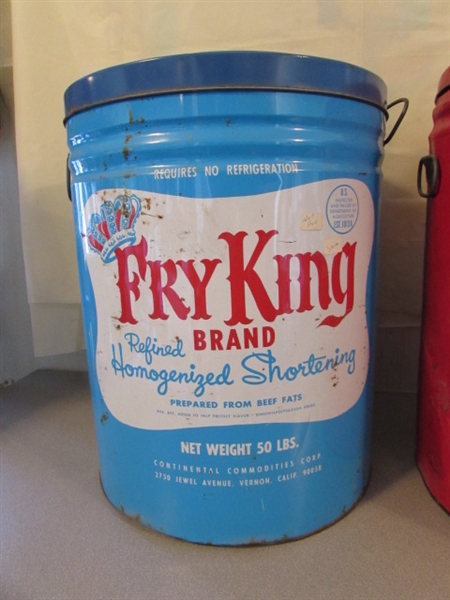 2 VINTAGE 5 GALLON 'SHORTENING' CANS WITH LIDS