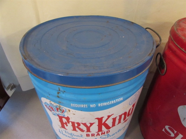 2 VINTAGE 5 GALLON 'SHORTENING' CANS WITH LIDS