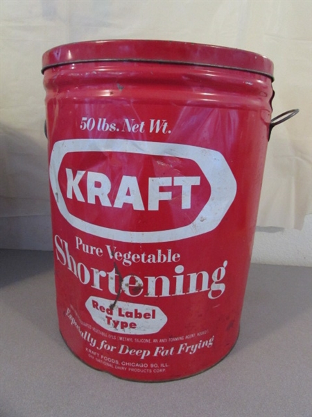 2 VINTAGE 5 GALLON 'SHORTENING' CANS WITH LIDS