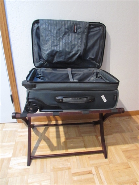 KIRKLAND ROLLING SUITCASE AND A FOLDING LUGGAGE RACK