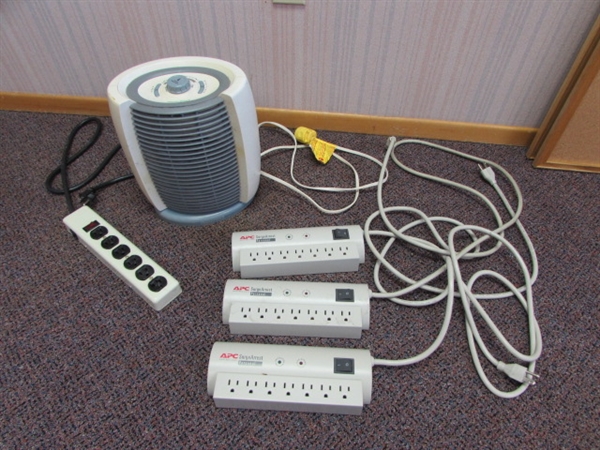 SMALL HEATER, TRASH CAN & POWER STRIPS