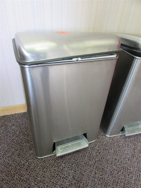 3 STAINLESS STEEL TRASH CANS WITH FLIP UP LIDS