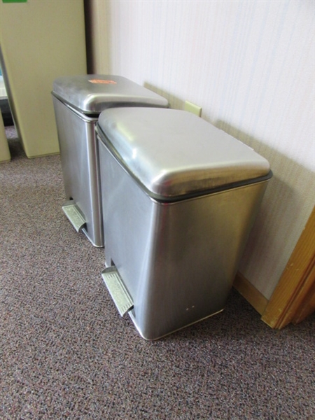 3 STAINLESS STEEL TRASH CANS WITH FLIP UP LIDS