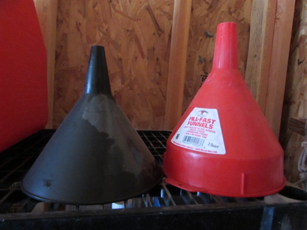 2 5-GALLON FUEL CANS, FUNNELS AND SPOUTS