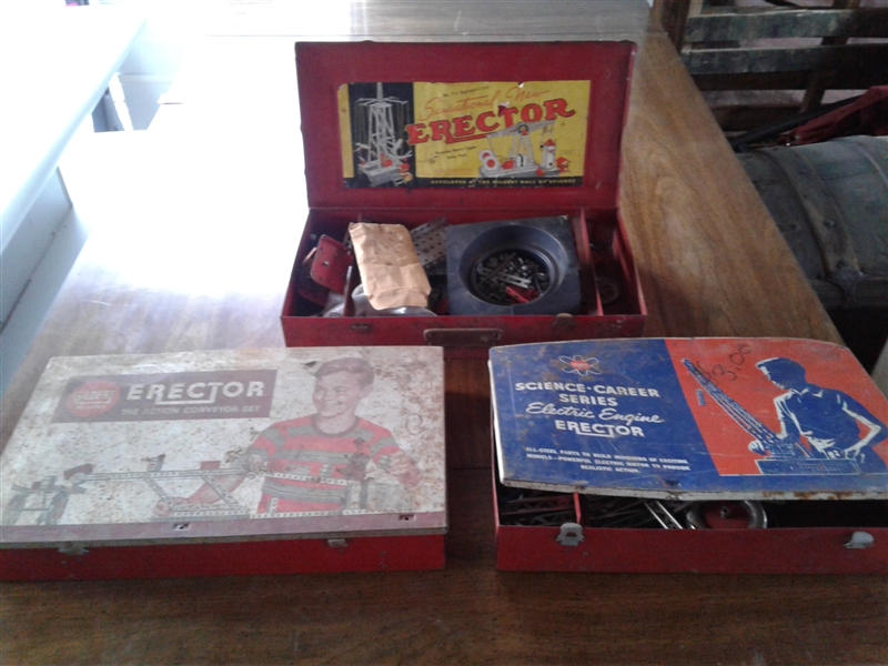 3 Vintage Gilbert Erector Sets & Wooden Chest