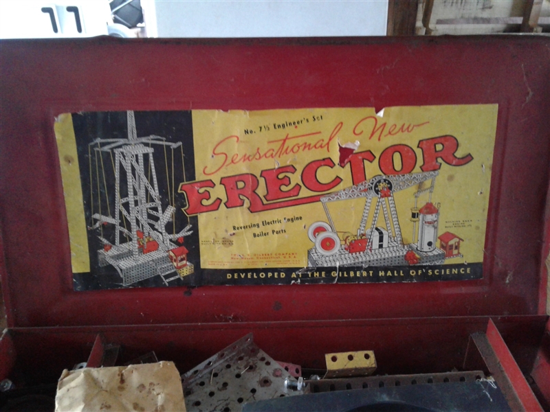 3 Vintage Gilbert Erector Sets & Wooden Chest