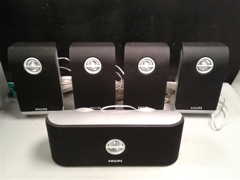 5 Philips Surround Sound Speakers And Regent Subwoofer