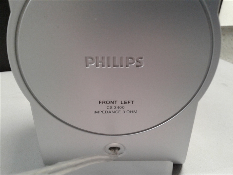 5 Philips Surround Sound Speakers And Regent Subwoofer