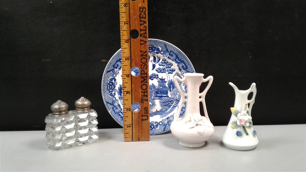 Vintage Salt & Pepper Set with Sterling Lids, Occupied Japan Vases & Willow Plate