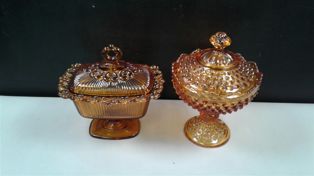 Vintage Amber Glass Covered Pedestal Candy Dishes