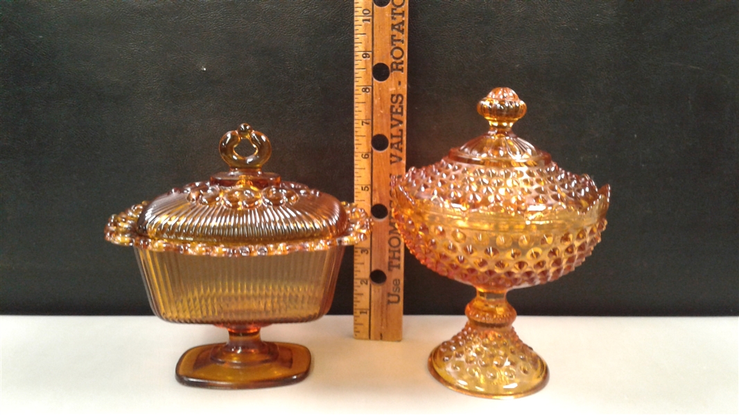 Vintage Amber Glass Covered Pedestal Candy Dishes