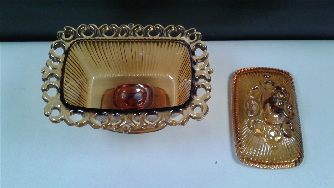 Vintage Amber Glass Covered Pedestal Candy Dishes