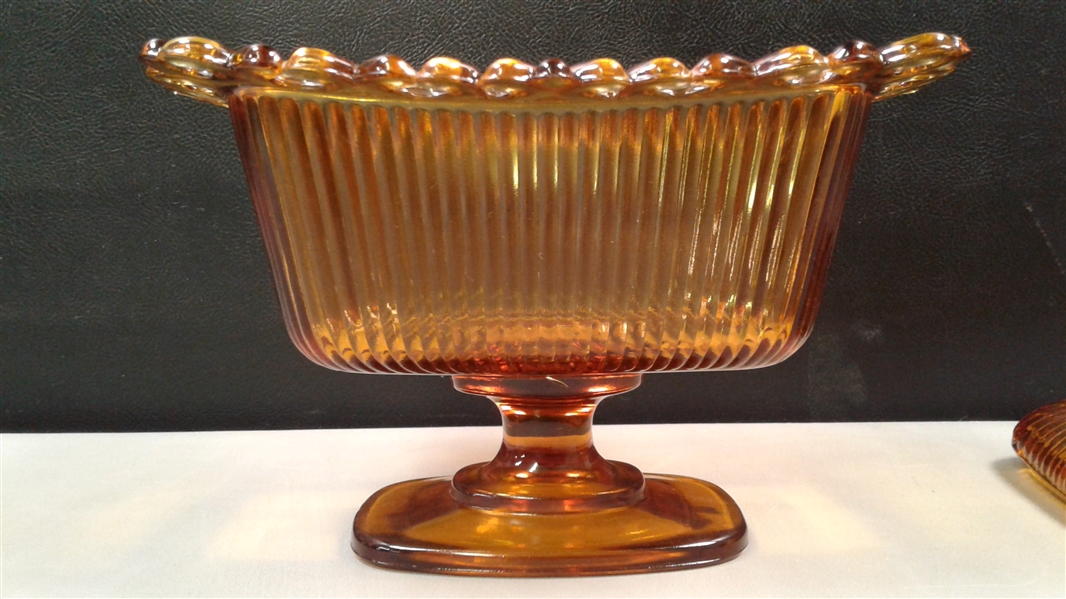 Vintage Amber Glass Covered Pedestal Candy Dishes