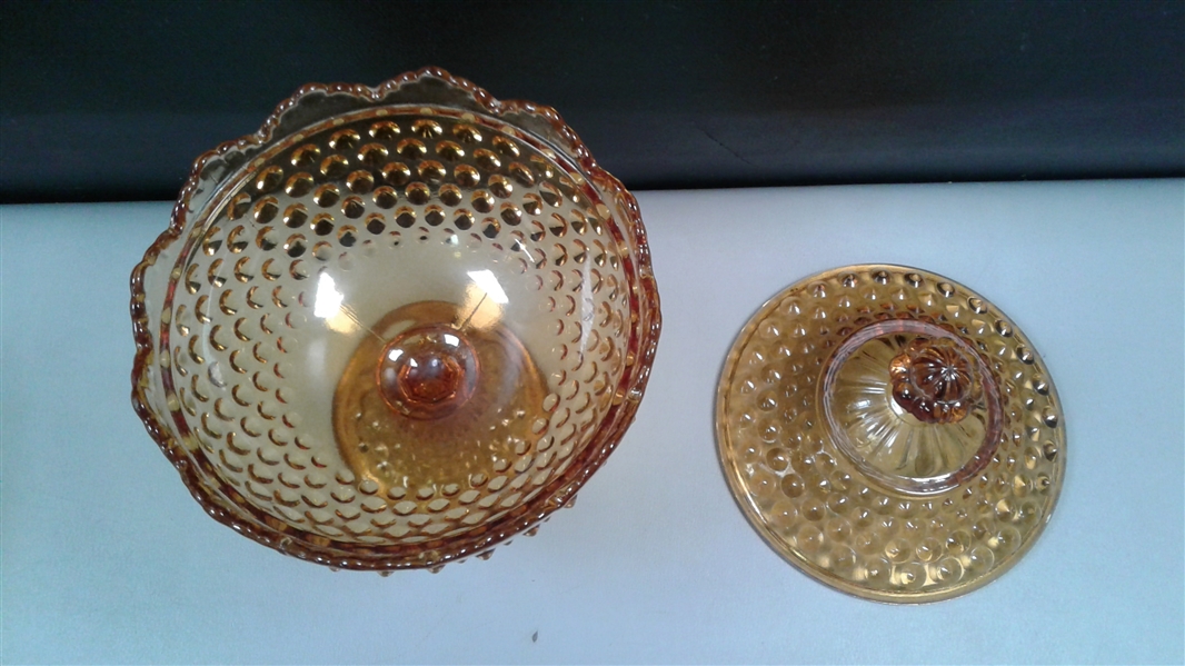 Vintage Amber Glass Covered Pedestal Candy Dishes