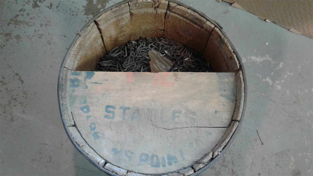 Small Wood Barrel Full of Fencing Staples