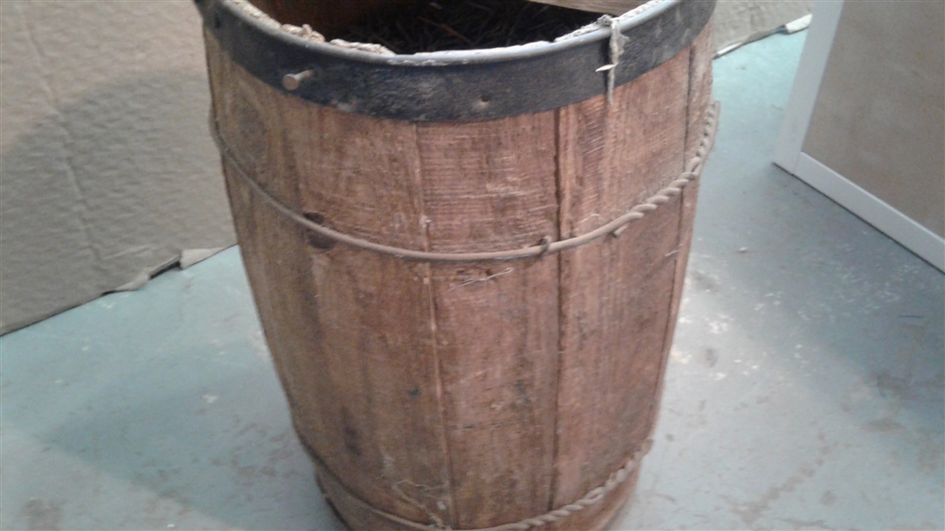 Small Wood Barrel Full of Fencing Staples