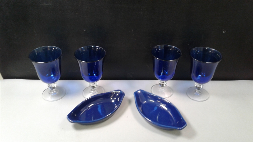 Cobalt Blue Goblets and Blue 2 Chantal Bakeware Boats 