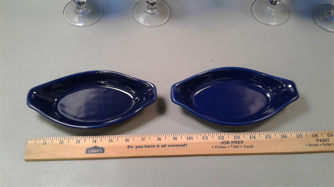 Cobalt Blue Goblets and Blue 2 Chantal Bakeware Boats 