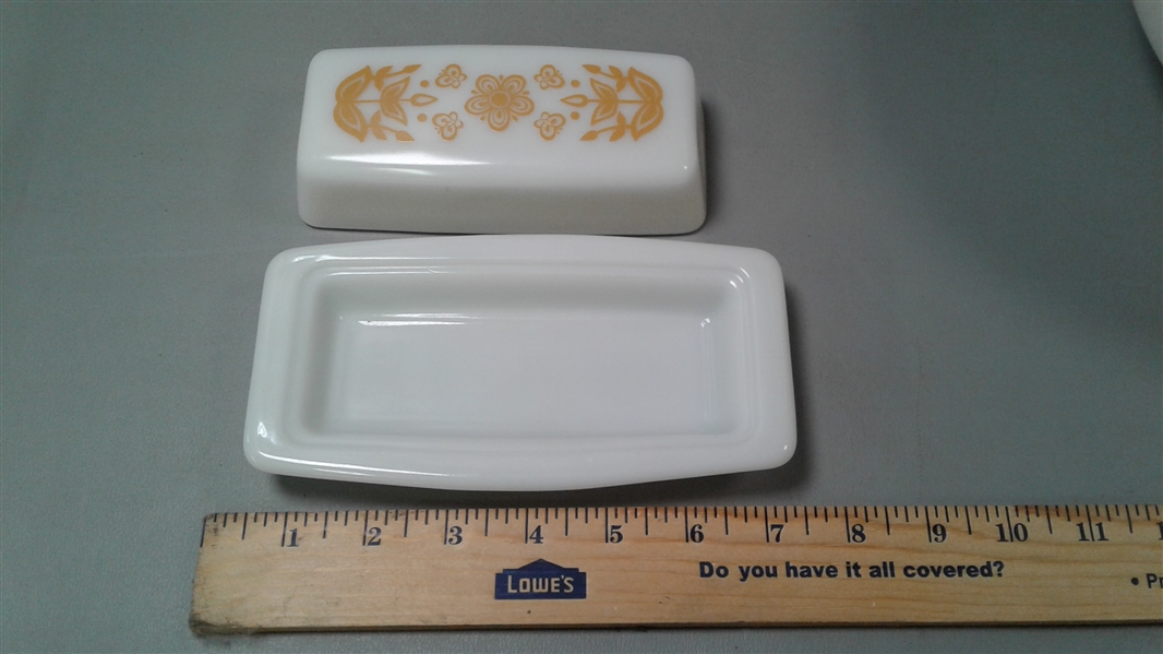 Vintage Butterfly Gold Pyrex Cups, Butter, Nesting Bowl, & Mixing Bowl