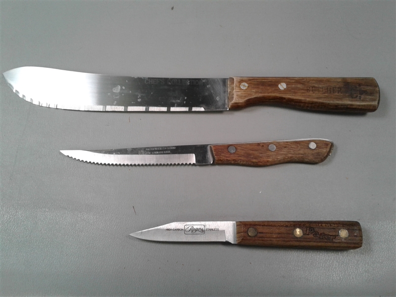 6 Kitchen Knifes and Jim Beam Tongs 