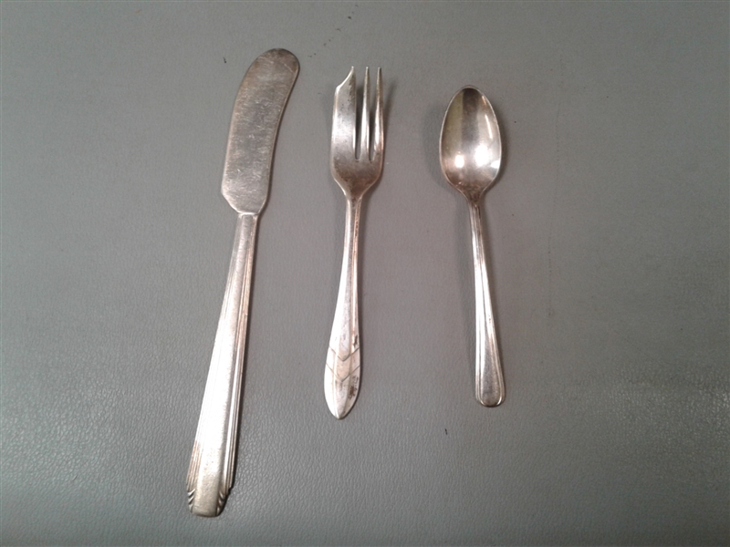 Silver Spoons, Forks, and Butter Knives w/Wood Rack