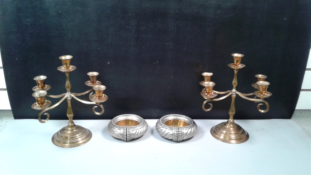 2 Brass Candelabras & Silver Candle Holders