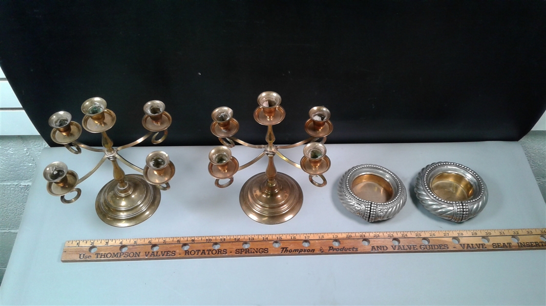 2 Brass Candelabras & Silver Candle Holders