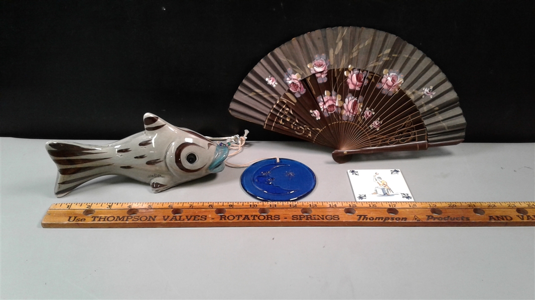 Ceramic Fish, Tile, Window Charm, and Folding Fan