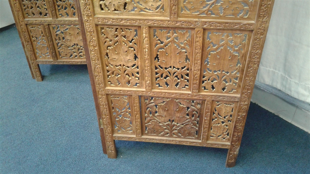 4 Panel Carved Wood Screen Room Divider