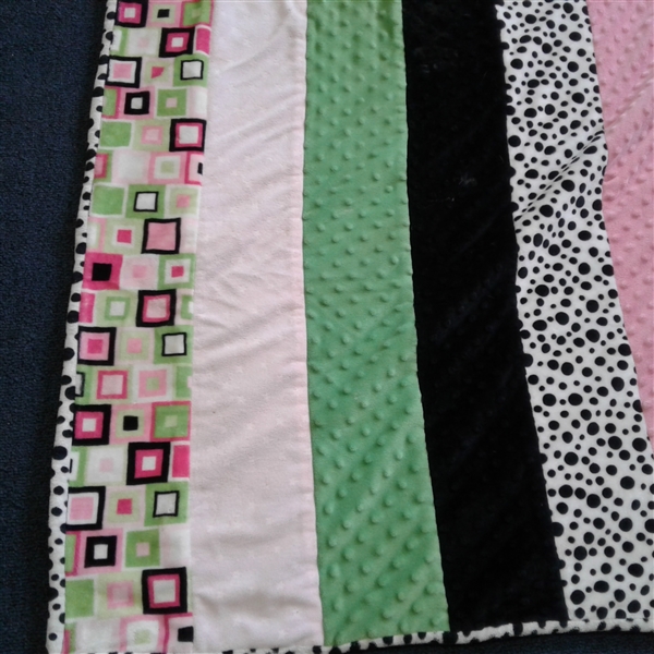 Minky Fleece Hand Made Quilt Black, White, Green, Pink 70 x 55