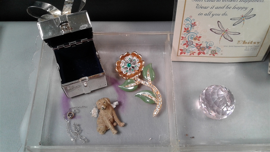 Pink Crystal, Dragonfly Sun Catcher & Charm Necklace, Metal Containers, Hair Combs, Etc.