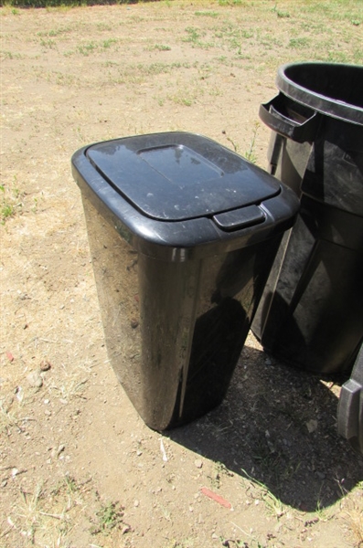Pair of 32 Gallon Rubbermaid Trash Cans W/Lids & 13 Gallon Kitchen Trash Can