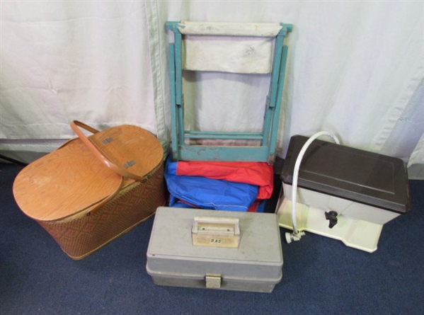 Picnic Basket, Air Mattresses, Folding Stool, Water Filter Dispenser, Tackle Box