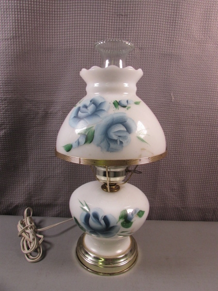 Vintage Hurricane Lamp w/Hand Painted Flowers