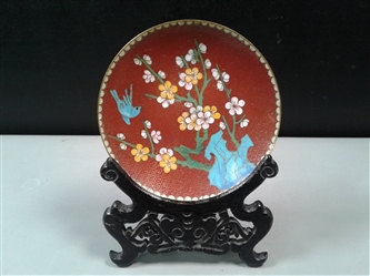 Vintage Chinese Enameled Plate W/Wood Display