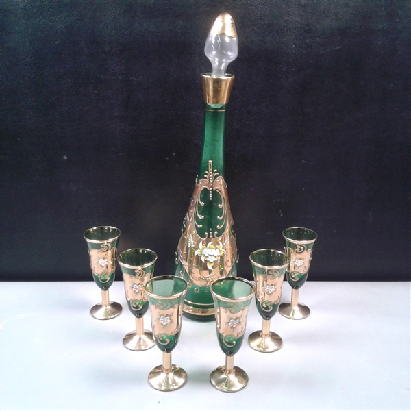 Vintage Hand Painted Blown Glass Decanter & 6 Glasses