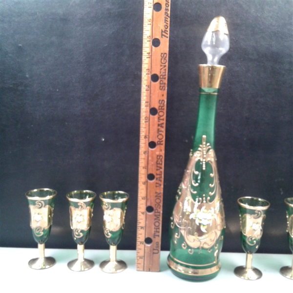 Vintage Hand Painted Blown Glass Decanter & 6 Glasses