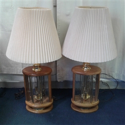 Vintage Pair of Oak Bevel Etched Glass Pane Table Lamps