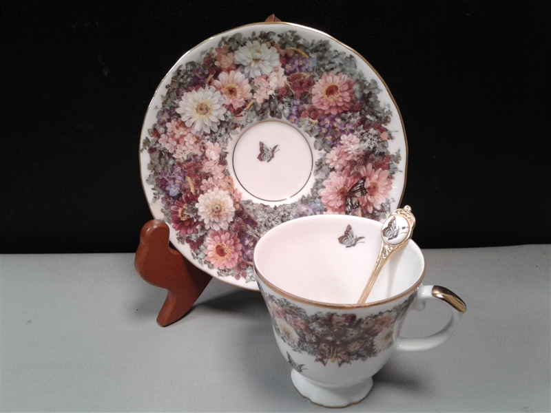 Vintage Collectible Numbered Circles of Lena Liu Floral Greetings Tea Cup, Spoon and Saucer Collection