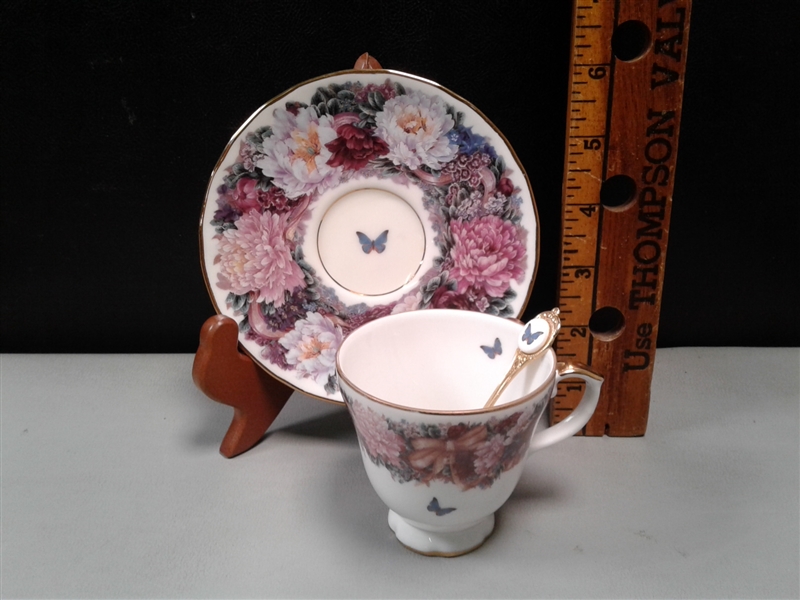 Vintage Collectible Numbered Circles of Lena Liu Floral Greetings Tea Cup, Spoon and Saucer Collection