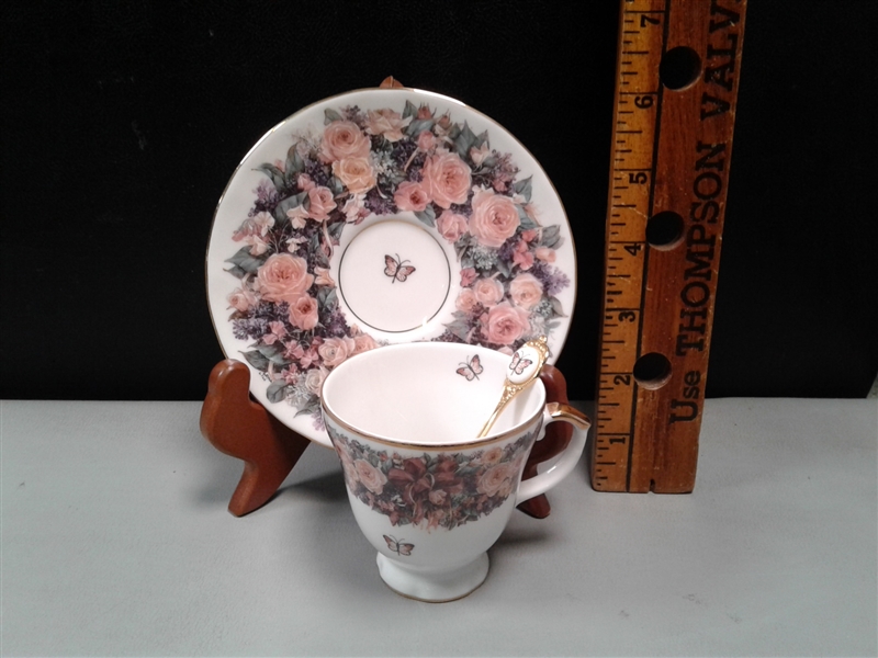 Vintage Collectible Numbered Circles of Lena Liu Floral Greetings Tea Cup, Spoon and Saucer Collection