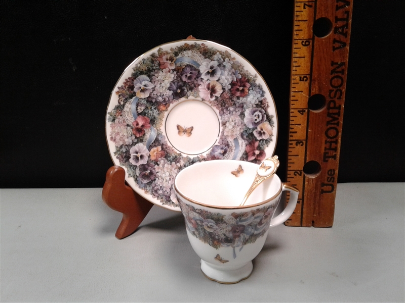 Vintage Collectible Numbered Circles of Lena Liu Floral Greetings Tea Cup, Spoon and Saucer Collection