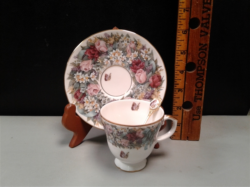 Vintage Collectible Numbered Circles of Lena Liu Floral Greetings Tea Cup, Spoon and Saucer Collection