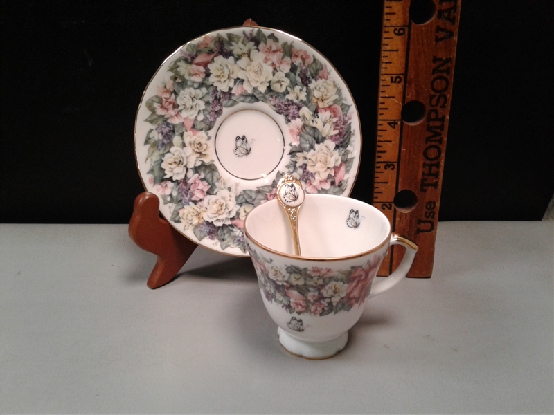 Vintage Collectible Numbered Circles of Lena Liu Floral Greetings Tea Cup, Spoon and Saucer Collection