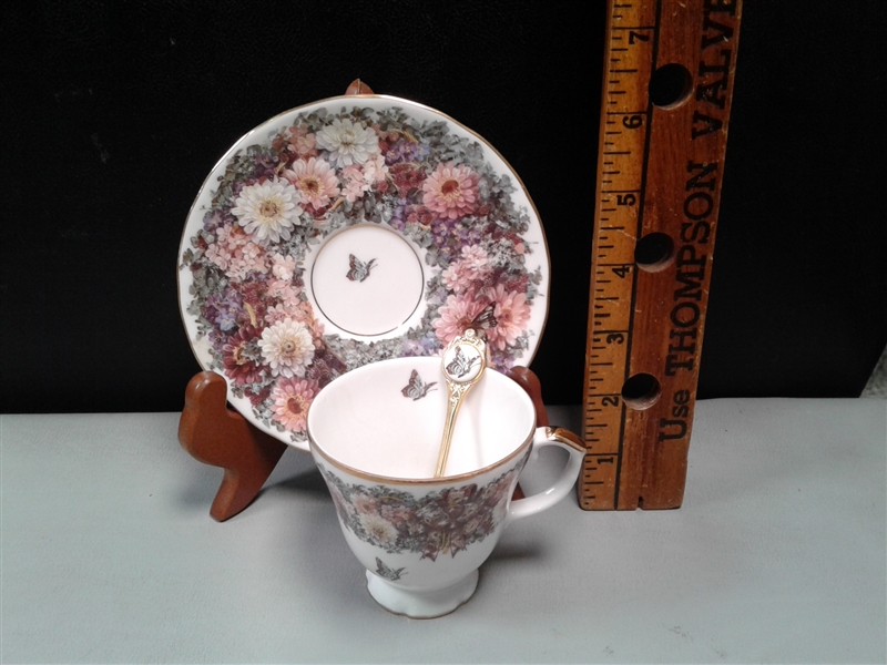 Vintage Collectible Numbered Circles of Lena Liu Floral Greetings Tea Cup, Spoon and Saucer Collection