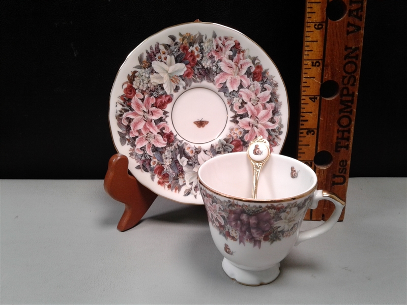 Vintage Collectible Numbered Circles of Lena Liu Floral Greetings Tea Cup, Spoon and Saucer Collection