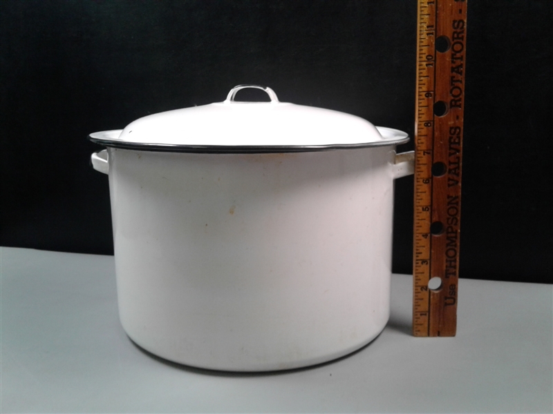 Enamelware 12 Quart Stock Pot with Lid Black & White Vintage Enamel Cookware