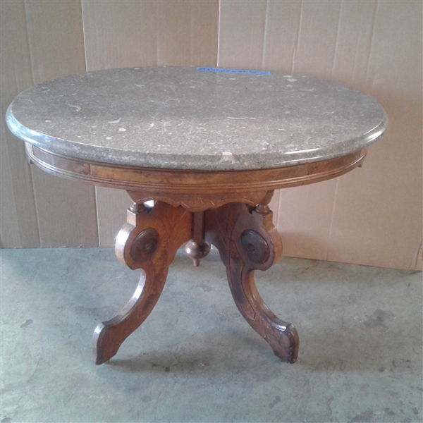Antique Side Table with Burl Wood Inserts and Marble Top